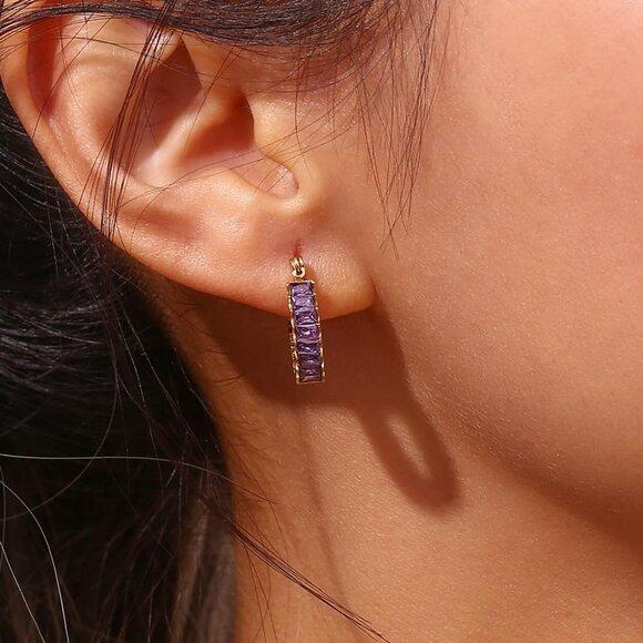 Purple Zircon Huggie Hoop Earrings 18K Gold Plated Stainless Steel Women’s Jewel - Picture 4 of 9